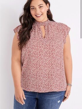 Printed Mock Neck Flutter Sleeve Top